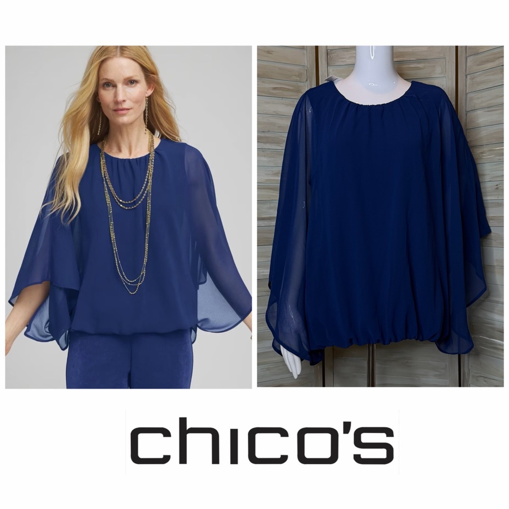 Chico’s Travelers Collection Bubble Hem Chiffon Top Tank Blue Casa NWT XL 3